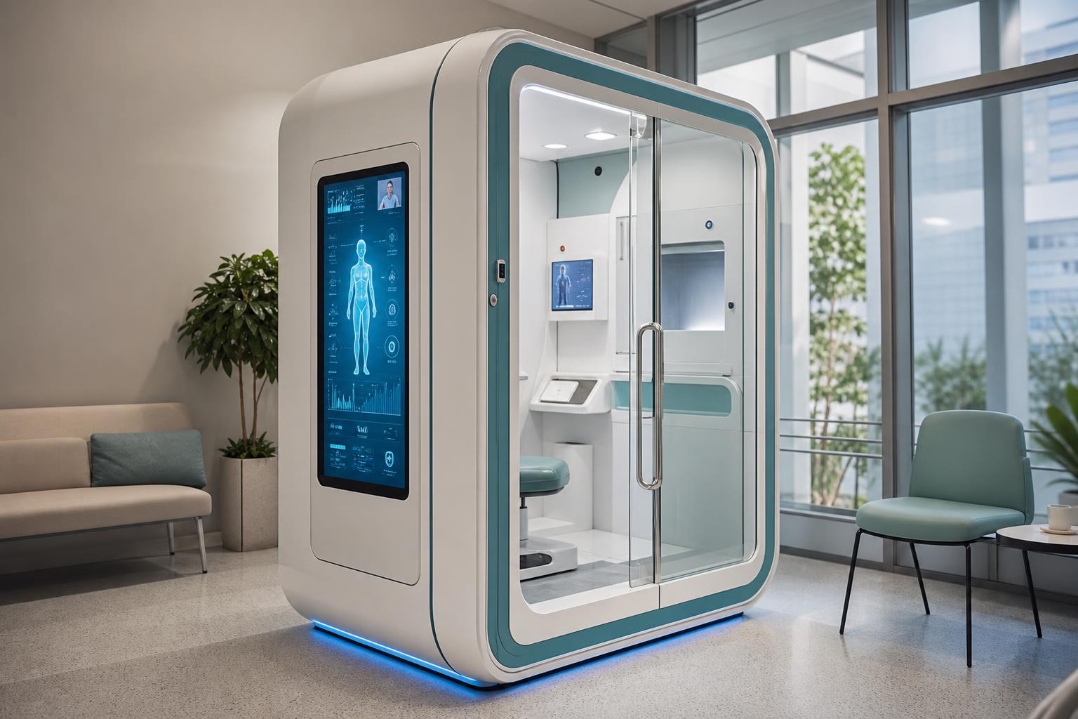 Cabine médica vista em ângulo, com tela interativa