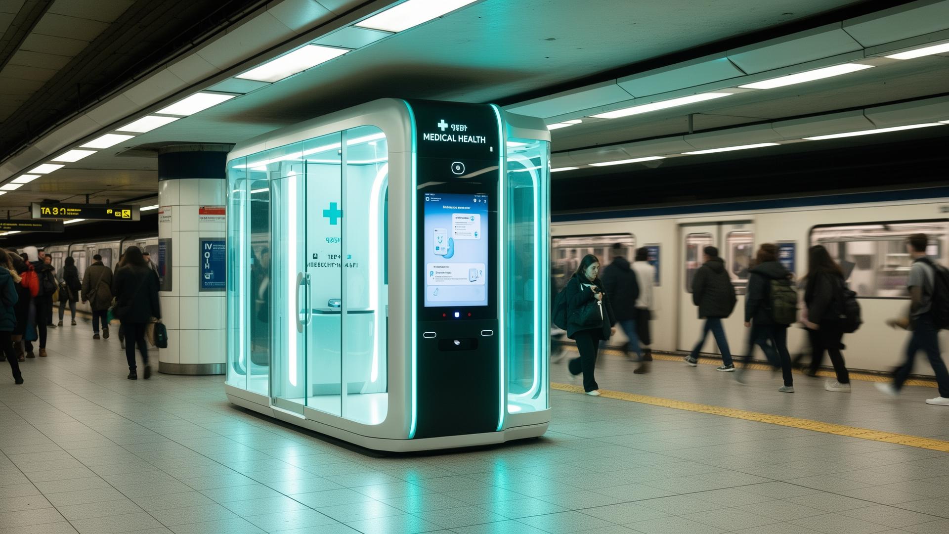 Cabine médica com IA instalada em uma estação de metrô movimentada