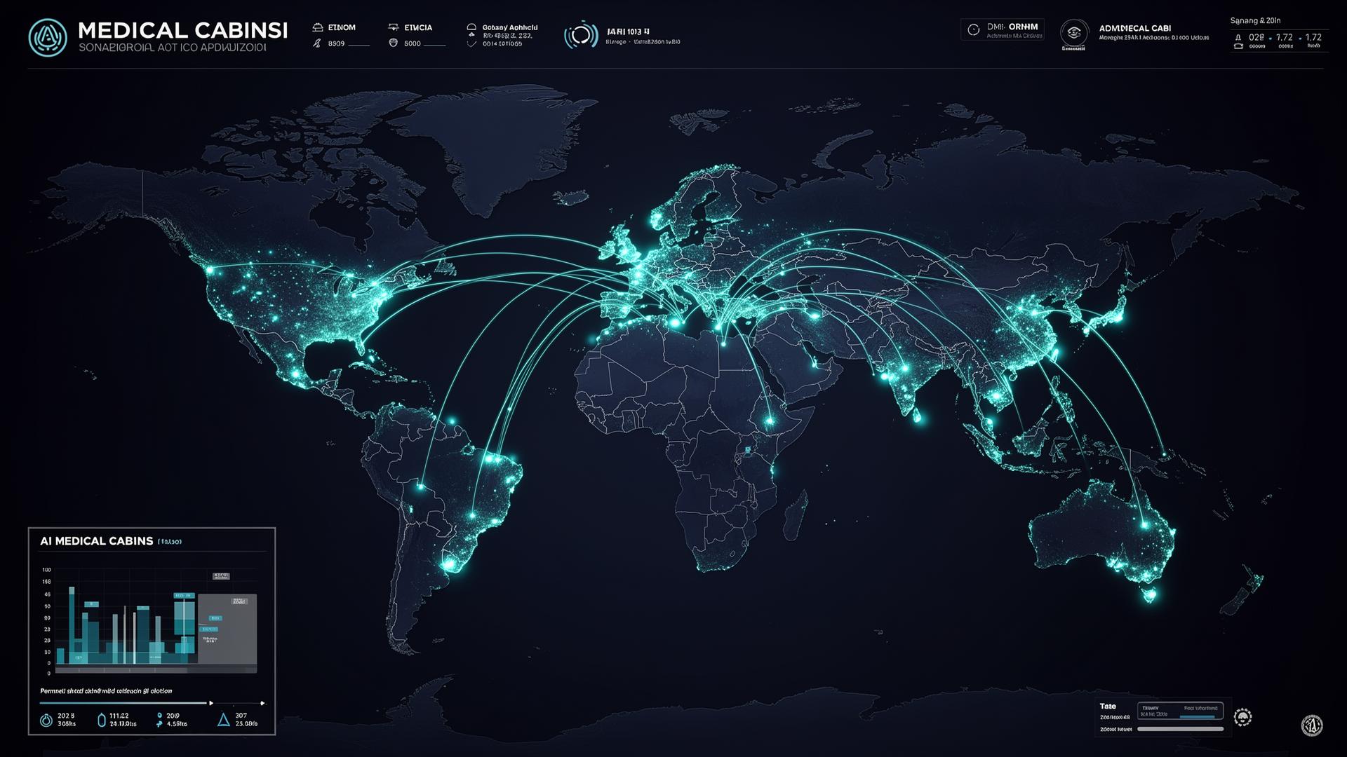 Mapa mundial mostrando a adoção global das cabines médicas com IA